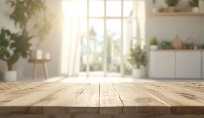Obraz premium Light-filled, blurred kitchen interior, wooden tabletop