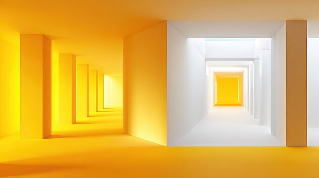 Abstract digital artwork depicting two contrasting hallways; one bathed in warm, vibrant yellow light, the other in cool, bright white, creating a stark visual  - Powered by Adobe