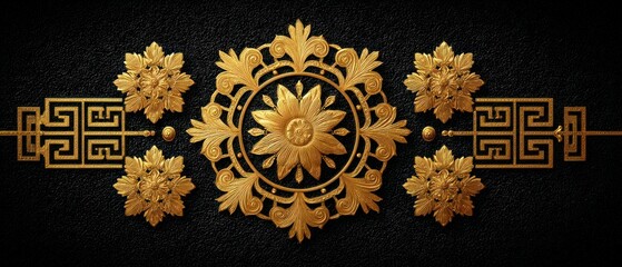 Elegant Gold Greek Key   Floral Ornament Border  Black Background  Luxury Design