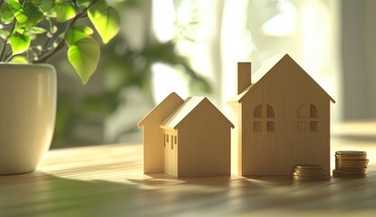 Two small wooden houses on a table, near a plant, in sunlight