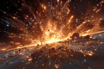 Cosmic Explosion  Golden Fireball  Space Debris  Starburst Background