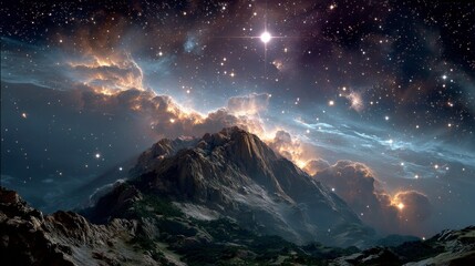Majestic Mountain Landscape at Night  Starry Sky  Nebula  Space  Cosmic Scene