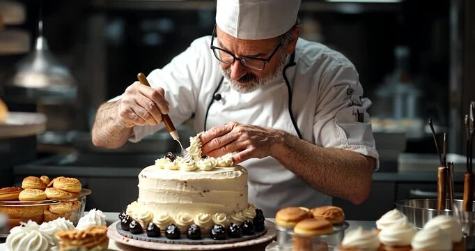 Close up view of a male pastry chef in a white uniform meticulously decorating a two layered vanilla cake with white frosting and dark berries, other pastries on table in professional kitchen