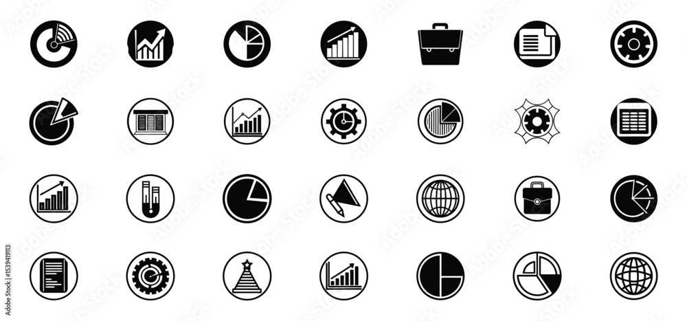 Poster an array of modern black and white business and financial icons representing various data analysis c