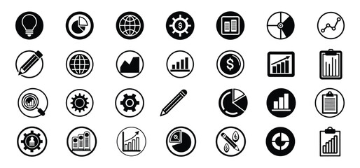 Collection of black and white business and finance icons representing analytics and global concepts available for commercial use