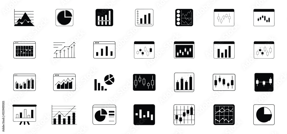 Poster set of various black and white financial charts and graphs representing business data and analytics 