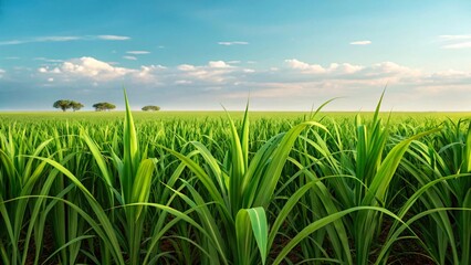 Obraz premium Sugar cane field and blue sky with white clouds.