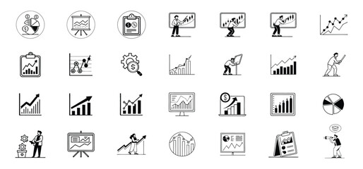 Collection of financial and business charts, graphs, and data analysis icons for presentation and growth strategy