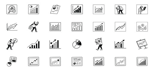 Hand drawn doodle financial icons including charts graphs pie charts and business people analyzing data illustrating growth.