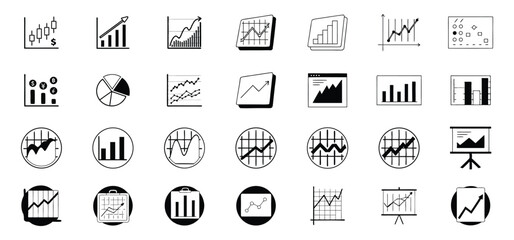 Collection of stylish black and white infographic icons depicting financial data and business growth analysis