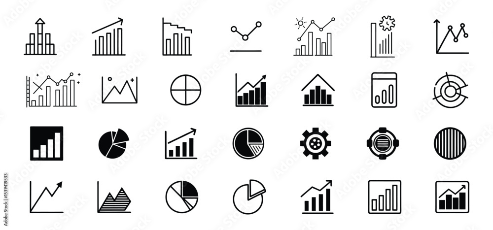 Poster collection of various black and white charts and graphs representing business statistics and data vi
