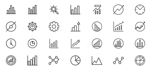 Collection of minimalistic black and white vector icons representing business and financial growth analysis