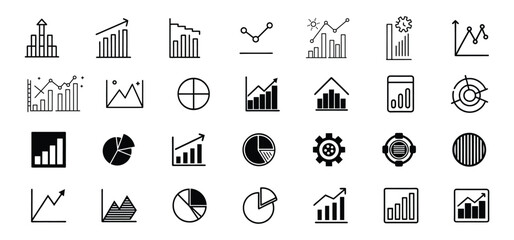 Collection of various black and white charts and graphs representing business statistics and data visualization elements
