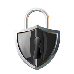 Cartoon padlock with shield emblem silver black flat design isolated on transparent background