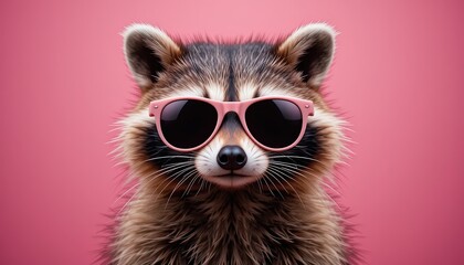 Raccoon wearing pink sunglasses against a pink background.