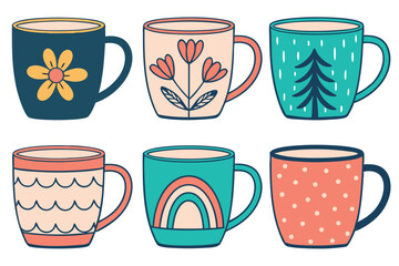 Colorful and decorated hand drawn coffee mugs on white background