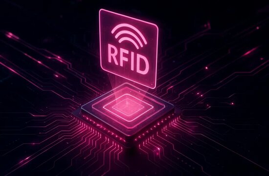 Futuristic digital illustration of an RFID chip glowing in neon pink, embedded in a microchip. The RFID icon hovers above the chip, emitting light and digital waves.