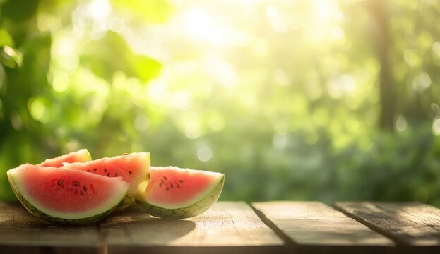 Watermelon slices on rustic wooden table, sunlit garden background