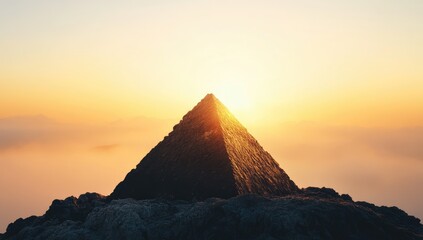 Pyramid peak atop misty mountain range at sunrise