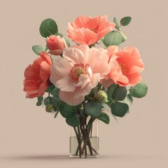 Fototapeta premium Elegant Pink Peach Floral Bouquet in Glass Vase Wedding Greeting Card Background