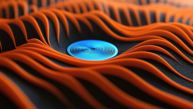 Abstract design with orange and black wavy lines surrounding a blue circular element