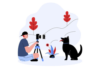 Photographer's photo shoot of a dog outdoors. Professional photographer illustration. Cameraman concept. Flat vector illustration.