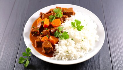 Beef stew with rice, and dinner plate.