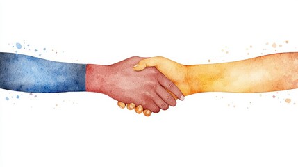 Handshake of Unity: An artistic representation of two hands clasped in a handshake, symbolizes unity, cooperation, and agreement, rendered in a painterly, watercolor style.