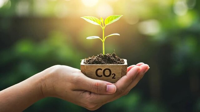 A person gently cradles a small wooden planter labeled CO2 in their cupped hands, showcasing a vibrant green seedling sprouting from dark soil