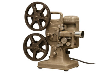 Obraz premium Old gold movie projector with reels on a transparent background, capturing the essence of classic cinema and vintage filmmaking
