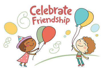 Whimsical children with balloons playful vector illustration