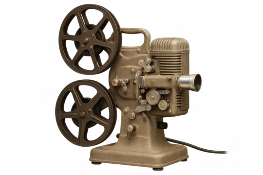 Old gold movie projector with reels on a transparent background, capturing the essence of classic cinema and vintage filmmaking