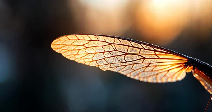 Close-up of an insect wing with intricate veins, backlit by a warm sunset.  Detailed texture and golden light are prominent