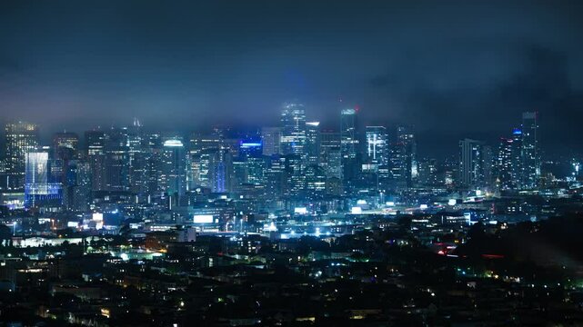 San Francisco Downtown Skyscrapers in Fog Telephoto from Bernal Heights California USA