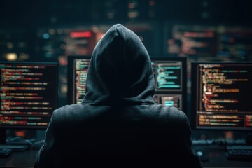 Hooded Figure in Dark Room Engaged in Cyber Activities at Night