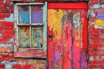 Naklejka premium Colorful weathered door and window on a brick wall