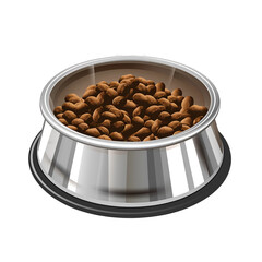 Cartoon pet bowl with kibble stainless steel isolated on transparent background