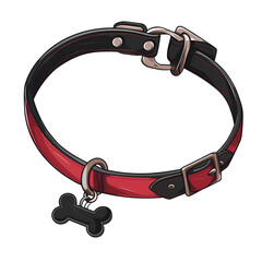 Cartoon pet collar with bone charm red and black isolated on transparent background