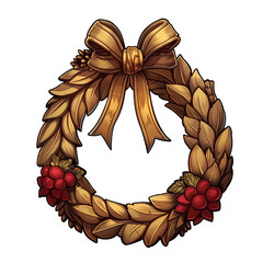 Cartoon pine wreath with bow red and gold door decoration isolated on transparent background