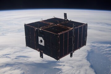 CubeSat in orbit, Earth backdrop