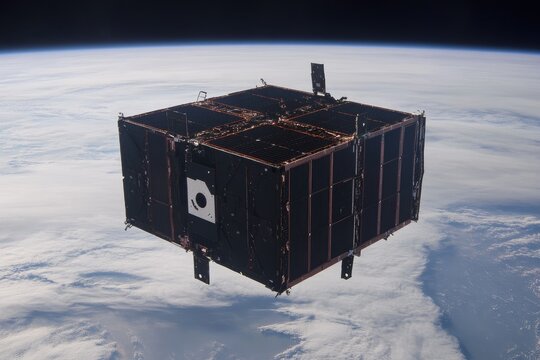 CubeSat in orbit, Earth backdrop