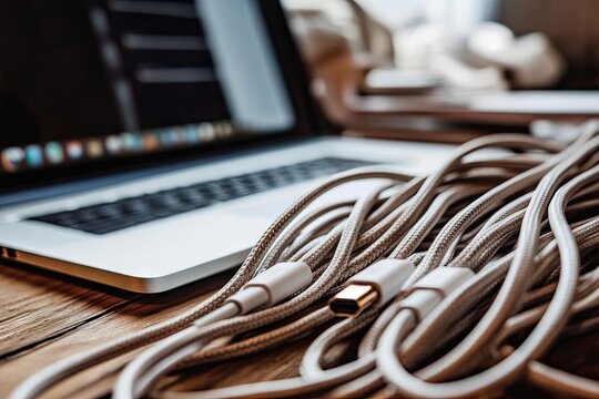 Laptop with tangled cables on a wooden desk