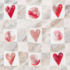 Geometric pattern texture with grunge stone hearts. Stylish floor wall tile heart