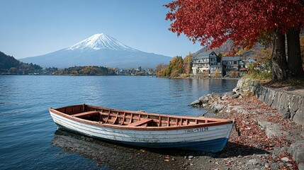 A serene lake scene with a weathered boat, autumn foliage, and a majestic mountain backdrop.