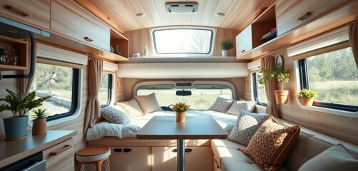Bright, airy modern camper interior with natural light & minimalist decor, comfortable, white walls