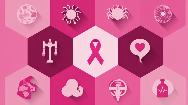 Pink Ribbon Awareness Chart Showcasing Support Icons for Health and Community Engagement Related to Cancer Awareness and Education