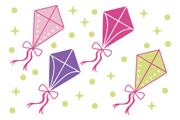 Colorful vector illustration of playful kites with decorative embellishments on white background