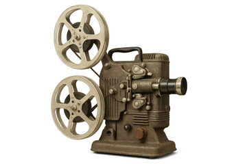 Obraz premium Old film projector with reels on a transparent background, evoking nostalgia for classic cinema and filmmaking