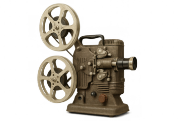 Old film projector with reels on a transparent background, evoking nostalgia for classic cinema and filmmaking