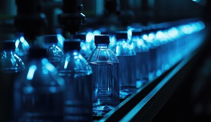 Row of plastic water bottles on a production line, lit by blue light
